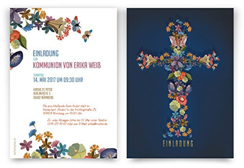 Kommunion Einladungskarten (30 Stück) - Blumenkreuz Bunt - Kommunionskarten Einladungen