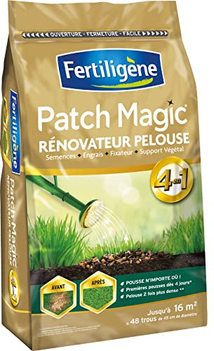 FERTILIGENE FPATCH36C - Patch Magic Rénovateur de Pelouse 3,6 kg - Formule 4 en 1, semences, engrais, fixateur et support végétal - Pelouse 2 fois plus dense - Première pousses dès 4 jours - Pour 16m²
