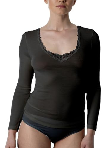 EMMEBIVI Canottiera Donna Manica Lunga in Lana E Seta con Inserti in Pizzo Capo Realizzato in Lana Merino Extra Fine. Disponibile nei Colori Bianco e Nero. (3, Nero)