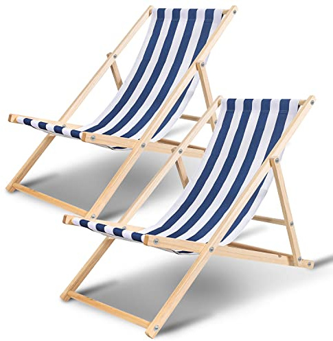 Ansobea Juego de 2 tumbonas plegables de madera, plegables, 120 kg máximo, ajustables, resistentes a la intemperie, de madera, para camping, balcón, piscina, color azul y blanco, 2 unidades
