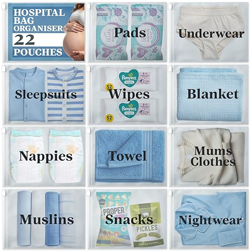 22 sacchetti per maternità ospedaliera – Borsa per ospedale maternità essenziale per neonato borsa fasciatoio o borsa per ospedale – 38 x 28 cm, organizer per ospedale sacchetti con etichetta