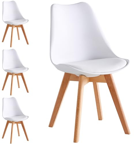 Shally Dogan Set 4 Sedie per Sala da Pranzo con Piedi in Legno e Seduta con Morbida Imbottitura, Sedia Design Nordico, Poltrona Stile Scandinavo Ideale per Cameretta, Cucina, Ufficio (Bianco)