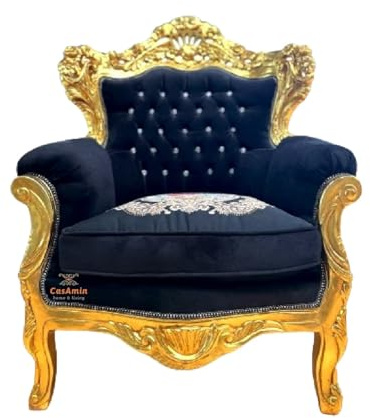 CasAmin Home & Living Poltrona in stile Luigi XV in velluto beige, divano in stile retrò barocco rococò con finitura dorata per la decorazione d'interni