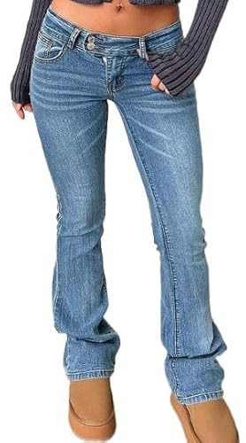 Justalwart Jeans elásticos de tiro bajo con doble botón para mujer, elásticos, ajustados, vintage, acampanados, Azul lavado., X-Small