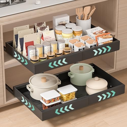 PNNP 2 Stück Teleskopschublade Ausziehbar Küche Schublade: Breite Verstellbar 32-53 cm Mit Selbstklebende Auszugschienen Ohne Bohren Für Die Nachrüsten Und Organizer Von Schrank | Schwarz