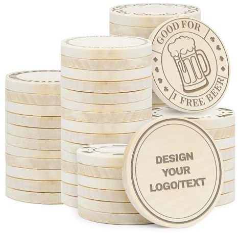 30-1000 Custom Wood Tokens, Personalized Drink Token Laser Engraved UV Color Printing, Design Own Logo Text Images, Custom Wooden Poker Chips for Bar, Party, Memorial Day, Wedding