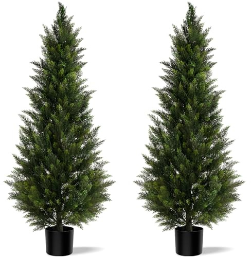 Konstgjorda cederträd 150 cm 2 set – realistiska utomhus inomhus figurklippta växter, falsk träd tallcypress stor falsk växt vintergröna buskar för främre veranda dörrdekor uteplats trädgård kontor
