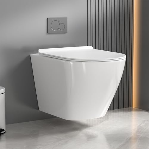 Skokliz WC suspendu sans rebord – 52 cm de long, 360 ° monotrou Superspin, chasse murale, en céramique, silencieux, cuvette et abattant WC avec système d'abaissement automatique, blanc