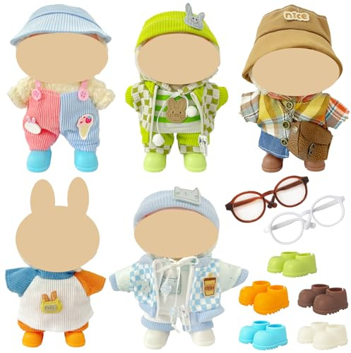 Ezcora 5 Casual Outfit Sets for 17cm Dolls – Colorful Clothes with Hats, Glasses, and Matching Shoes, Cool Dress Up Accessories for 17 cm Doll Play and Display, (No Dolls)