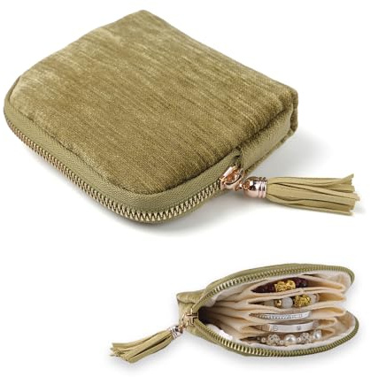 MSLSOZ Sac à bijoux de voyage avec fermeture éclair, mini pochette à bijoux de voyage avec pompons, organisateur de bijoux de voyage doux avec doublure en satin, 5 compartiments pour bagues, colliers
