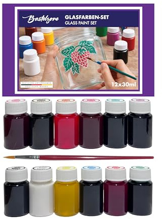 Bastelzone Lot de 12 pinturas para vidrio con pincel - 30 ml - Pintura transparente a base de agua para decoración