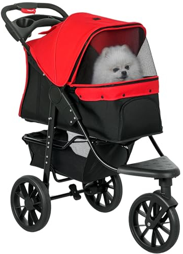 PawHut Passeggino pieghevole per cani di piccola taglia fino a 10 kg, carrello per gatti con 3 ruote, finestre a rete, porta bevande, cestino portaoggetti per gatti con freno, rosso