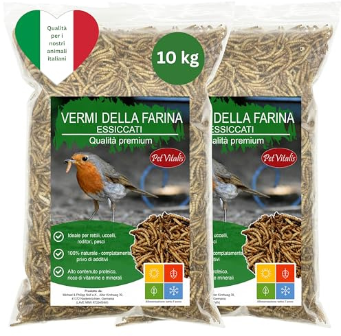 Vermi della farina essiccati PetVitalis – Mangime singolo ricco di proteine per uccelli selvatici, pesci, rettili, roditori, ricci e scoiattoli – Snack naturale di alta qualità (10 kg)