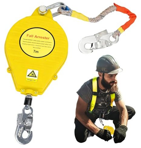 YAOYAOO Dispositivo Anticaduta Retrattile 3-20M, Imbracatura di Sicurezza Anticaduta per Lavori in Quota, Funzione di Richiamo Automatico con Gancio Autobloccante per Tetto Edilizia(Giallo,7m)
