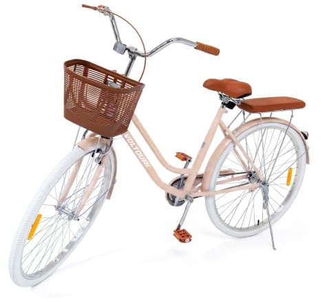 THUNDER VOLTOURI Citybike 28 Zoll Damenfahrrad – Retro Fahrrad mit Korb & Gepäckträger, Stahlrahmen 17”, 1 Gang, V-Brake & Rücktrittbremse, Schutzbleche, Ständer, (BEIGE)