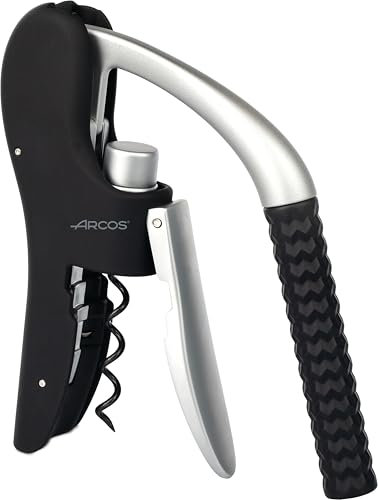 ARCOS Cavatappi Manuale in ABS, Lega di Zinco ed Elastomero Accessorio per Aprire il Vino con Tagliacapsule Apribottiglie Manuale Elegante e Leggero Colore Argento e Nero