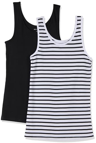 Amazon Essentials Camiseta de Tirantes de Ajuste Entallado Mujer, Pack de 2, Blanco Rayas/Negro, M