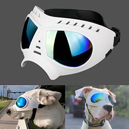 NAMSAN Hundebrille UV Wasserdicht Winddicht Einstellbar Hunde Sonnenbrille Mode Hunde Schutzbrille für Mittel Große Hunde-Weiß