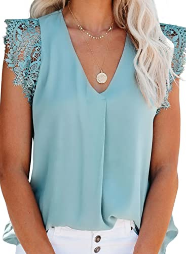 Uusollecy Camiseta Sin Mangas de Verano para Mujer Blusa de Chiffon con Encaje y Cuello en V Top Casual Lencero,Azul,XXL