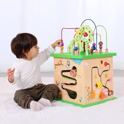 TOOKYLAND 5 in 1 Activity Center, Wooden Large Activity Play Cube 23X13X13, Wooden Learning Puzzle Toy for Toddlers, with Animal Friends, Shapes, Mazes, Shape Sorter