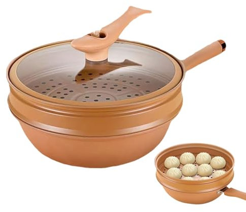Keramisk wok med lock, wok med reptåligt lock, hälsosam non-stick lera kruka för ångkokning och matlagning, ångkokning och matlagning allt i 1 Wok för bottenstekning