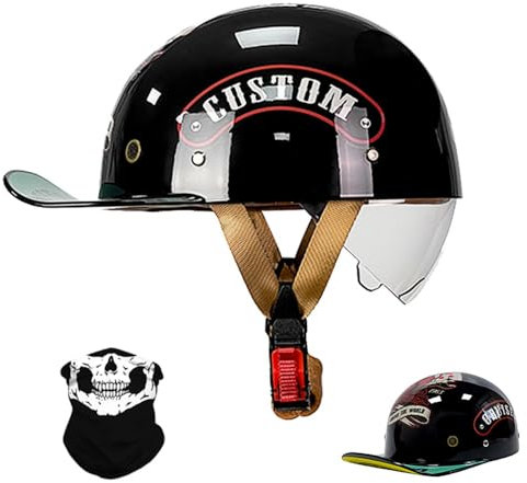 RQTEUYE Vintage Motorrad halbhelm Baseball Cap mit ECE-Zulassung, Jet Helm Retro Halbschalenhelm mit Versenkbare Sonnenblende und Schnellverschluss Schnallen für Scooter Cruiser Motorrad