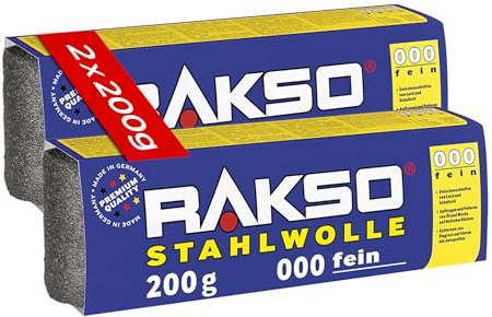 RAKSO Stahlwolle fein 000-400 g, 2 Banderolen à 200g, Zwischenschliff von Lack, Schellack, poliert Kupfer, Messing & Öl, Wachs auf Holz