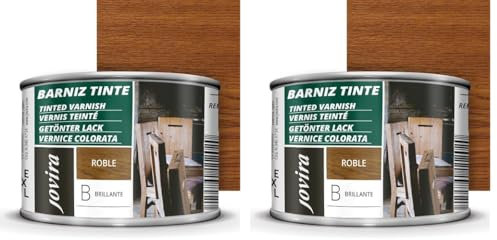 JOVIRA PINTURAS Barniz Brillante Tinte (6 colores). Barniz para madera. Protege, decora y embellece. (375 Mililitros, Roble) (Paquete de 2)
