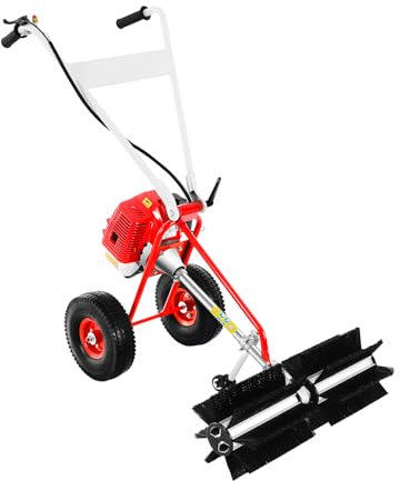 Garbenat Barredora de gasolina, 43 CC, motor de gasolina de 2 tiempos, quitanieves de 1,25 kW, escoba con 60 cm de ancho de cepillo, barredora manual con ruedas, para césped artificial, césped
