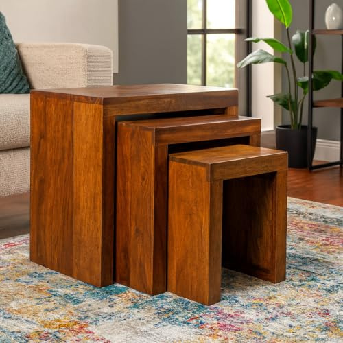 Oak & Pine Online Cube Petit Dark Sheesham Nest of Tables | Solid Rosewood Wooden Nesting Tables | Handcrafted Coffee & End Tables | Space Saving Living Room & Bedroom Furniture