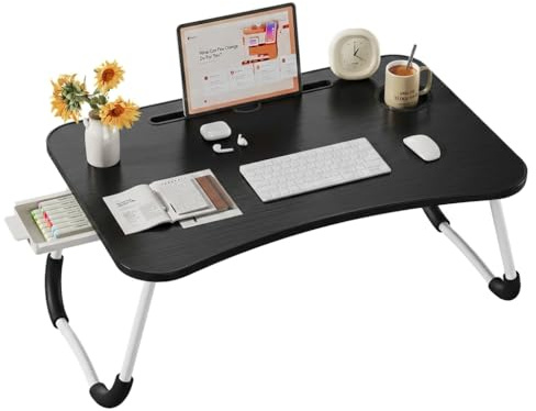 Bandeja para Cama con Cajón, Mesa Plegable de Desayuno, Ideal para Portátil, Ordenador y Libros, Ergonómica, 60x40x28 cm, Madera Negra Brushed