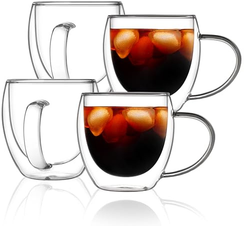 CNGLASS 12oz(4-pack) Double Walled Glass Coffee Mugs,Insulated Glass Mugs with Handle,Clear Espresso Cups for Latte,Cappuccino,Tea Bag