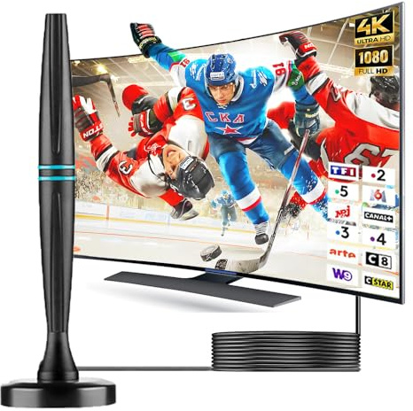 Antenne TV Intérieure Puissante TNT HD, 2025 Portable Antenne Interieur TNT Puissante avec Amplicateur de Signal et CâBle Coaxial de 5m, Réception Longue Portée pour 1080P 4K Chaînes