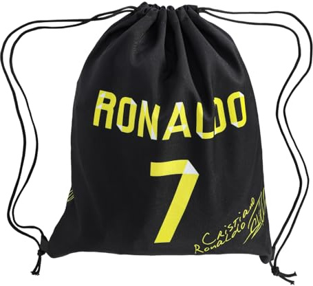 Football Ronaldo Gifts for Boys Number 7 Drawstring Bag, Black Backpack for Ronaldo Gifts Mens Football Bag for Gym Beach School Holiday Swimming Travel Sports Kits Soccer Pump Bag for CR7 (Black B)