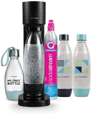 sodastream Pack de Gaia Machine à Eau Pétillante | Pack 3 Bouteilles 1L + 1 Bouteille 0,5L Compatibles Lave-Vaisselle + 1 Recharge de Gaz 60L à Clipser | Noire