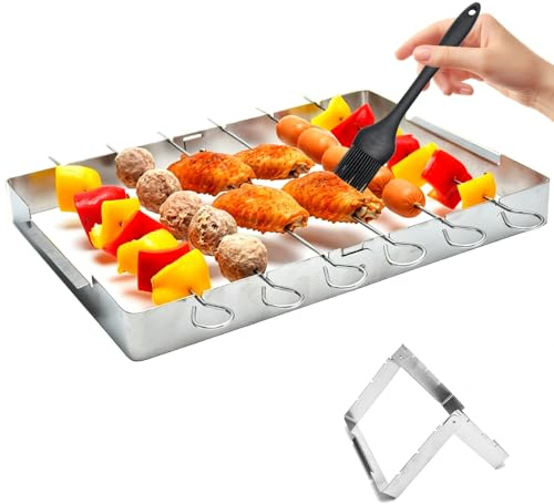 yotutun Porte-Brochettes, Support à Kebab en Acier Inoxydable avec 6 Brochettes à Viande 30cm et Brosse pour les Barbecues au Charbon de Bois et Électriques pour Grillade Viande Légumes