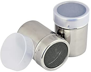 Kosma Set of 2 Stainless Steel Chocolate Shakers | Icing Sugar, Flour, Spice Dusters with Fine Mesh & Plastic Lids (7 x 9 cm)