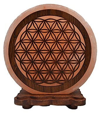 AROMASENSES | Lámpara de Sal del Himalaya | Base de Madera, Cable y Bombilla | Lámpara de Sal Natural del Himalaya, Hecha a Mano | Lámpara Relajante para Mesita de Noche y Oficina | FLOR DE LA VIDA