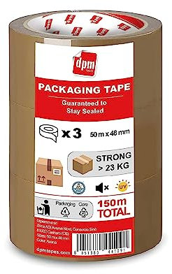 Dpm tapes Packaging Tape – Nastro da Imballaggio, Adesivo Pacchi, Spedizioni, Traslochi, Resistente allo strappo, Senza Solventi, Forte e Silenzioso - 50 m x 48 mm (3 Rolls) (Marrone/Avana)