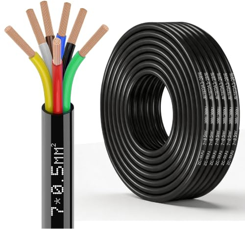 Yinaolan Cable 7×0,5mm² 20 metros Cable alargador de 7 Núcleos para Remolque 20m Cable de Remolque 7 Hilos Eléctrico Cable Negro para Caravana Camión Industria