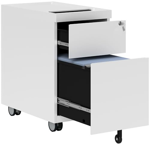 HOMCOM Rollcontainer mit 2 Schubladen mobiler Aktenschrank mit Rollen abschließbar Büroschrank mit verstellbarem Hängeregistratur, Schubladenschrank für Büro, Homeoffice, 30 x 50 x 53,5 cm, Weiß