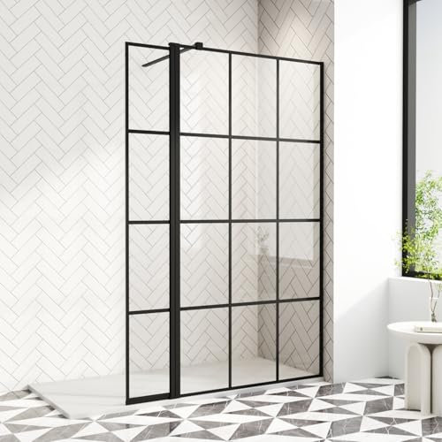 AQUARA 1000mm Shower Screens with 300mm Return Panel, with 8mm Easy Clean Toughened Glass, Black Grid Wet Room Shower Enclosure, Support Bar Includes