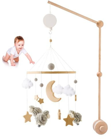 Mobile Musical en Bois pour Lit Bébé avec Mouton, Support Réglable et Boîte à Musique - Cloche de Lit pour Chambre de Bébé, Décoration de Berceau pour Garçon et Fille (Gris)