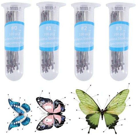 GLOBLELAND Lot de 400 D'Épingles à Insectes en Acier Inoxydable Épingles D'Entomologie pour Spécimens Collections de Papillons Aiguille pour Collectionneurs Scolaires avec Bouteilles Taille # 0 1 2 3