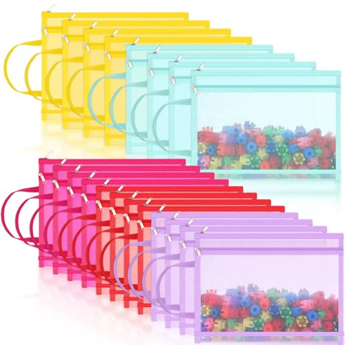 Marspark 20 Pack A4 Mesh Zipper Pouch Bags with Handle, Double Layer Nylon Puzzle Building Block Sets Toy Storage Organization, Breathable Clear Zipper Pouch for School Office Games(Bright Color)