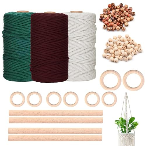 YUNXCNA Hilo Macrame 3mm, Kit de Macramé para Colgar en la Pared, 3mmx100m, con Cuentas, Anillos de Madera y Palos de Madera, Rojo Verde Beige, Decoración Navideña, para Tapices, Decoración Colgante