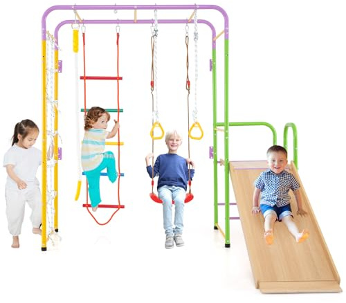 GOPLUS Juego de Escalada para Niños, Gimnasio Montessori para Interior con Muro de Escalada, Barras, Cuerda de Trepa, Anillas, Columpio, Tobogán y Trepador, Parque Infantil para Niños de 3+ Años