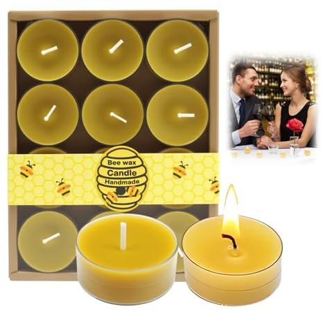 Beeswax Candles 12 Pack Natural Candles Non Toxic Yellow Candles Beeswax Tealight Candles Set with Pure Bees Wax Cotton Wick Unscented Eco Friendly Tea Lights for Home Décor Relaxation and Gifting