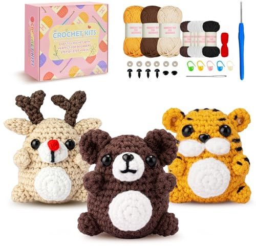 Crochet Kit for Beginners,Amigurumi Animal Kit Starter Step-by-Step Video Tutorials, Animal Crocheting Kits- Tiger,Reindeer,Bear