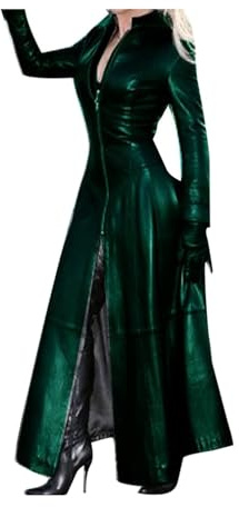 Damjacka I Konstläder, Lång Läderkappa, Trenchcoat, Vindjacka Med Dragkedja, PVC-läder, Sexig Lång Cosplay-kostym, Långärmad Morgonrock Med Slag, Reloaded, M-5XL(Deep green,4XL)